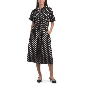LEA Black/white Short Sleeve Pleated Waist Polka Dot Midi Dress